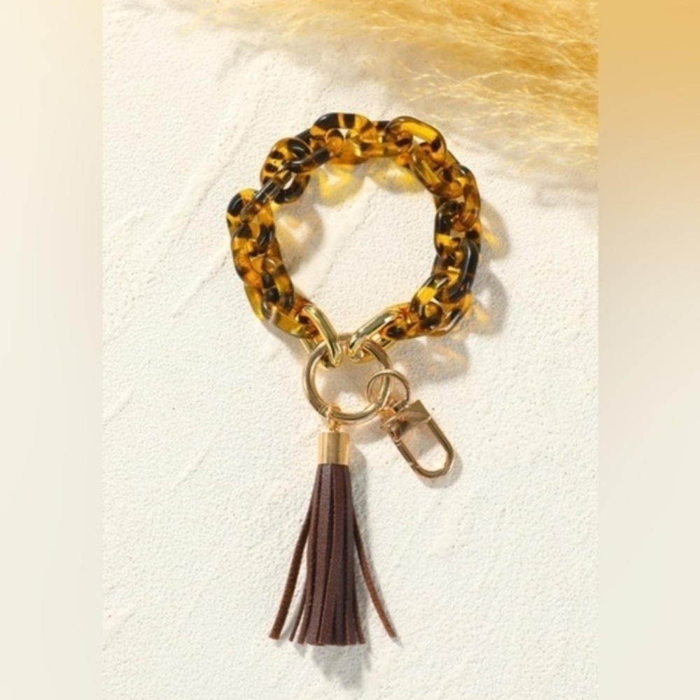 Tortoise Shell Acrylic Key Ring Bracelet Wristlet Tassel Charm Brown Gold NWT